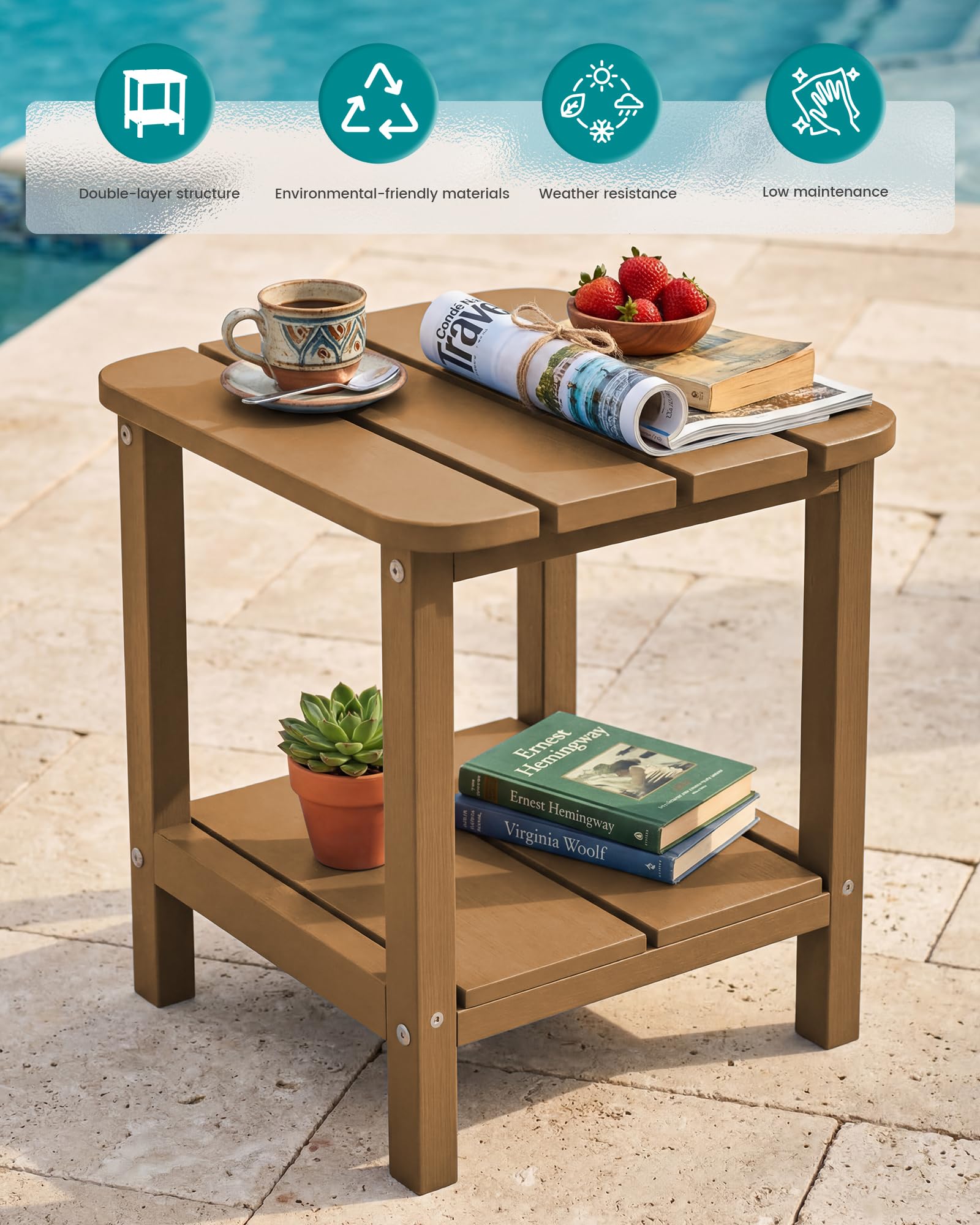 SERWALL outdoor brown end table beside patio chairs.