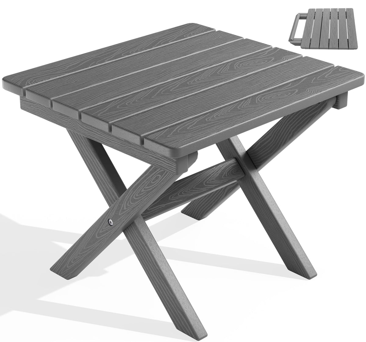 SERWALL folding side table, folded for compact storage on a balcony.