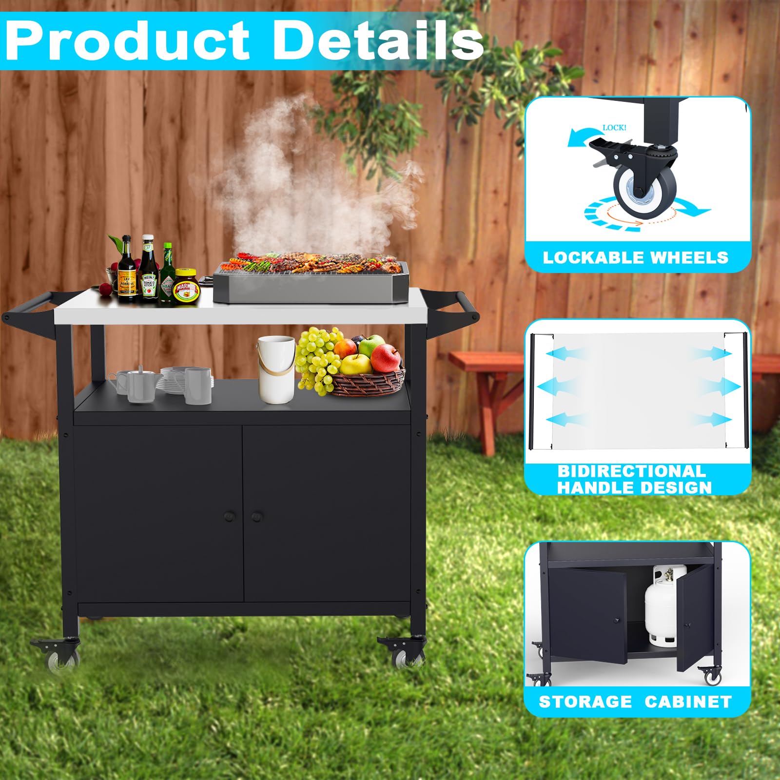 SEUNSHANY grill cart closed compartment secures canisters and tools neatly.