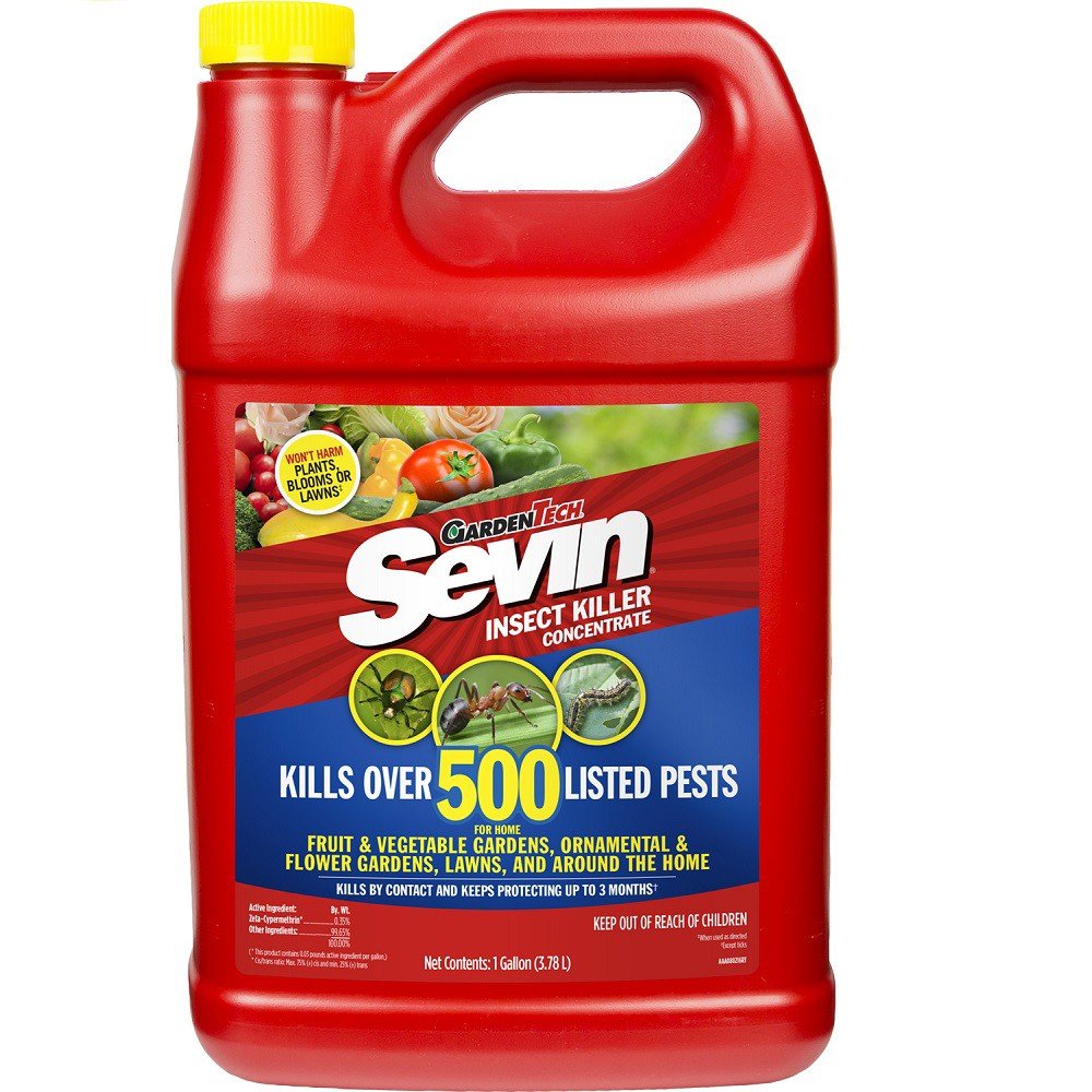 Sevin GardenTech insect killer concentrate bottle for outdoor vegetable protection.