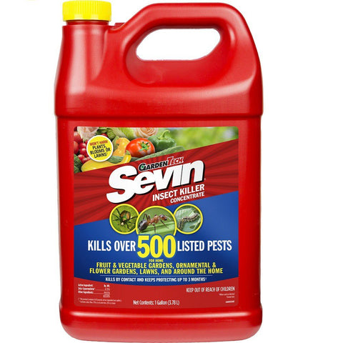 Sevin GardenTech insect killer concentrate bottle for outdoor vegetable protection.