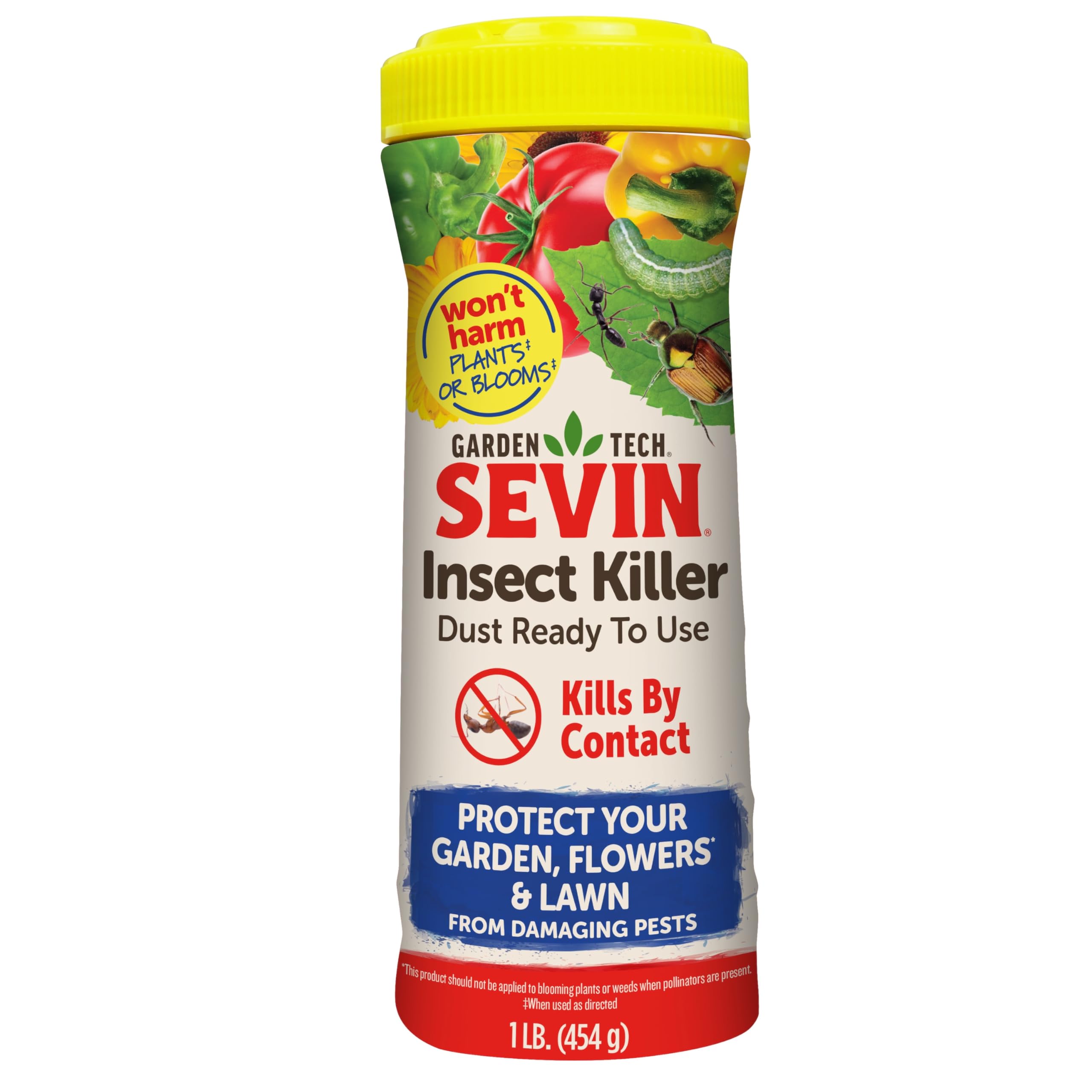 Sevin insect killer dust 1 lb package protects flowers and lawns from listed pests.