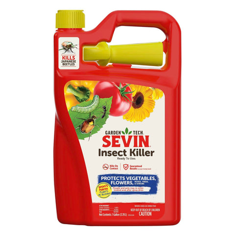 Sevin insect killer ready-to-use bottle shown for simple garden pest control.