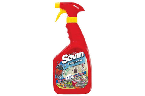 Sevin Ready-to-Use Insect Killer bottle cap close-up, protecting vegetables from pests.