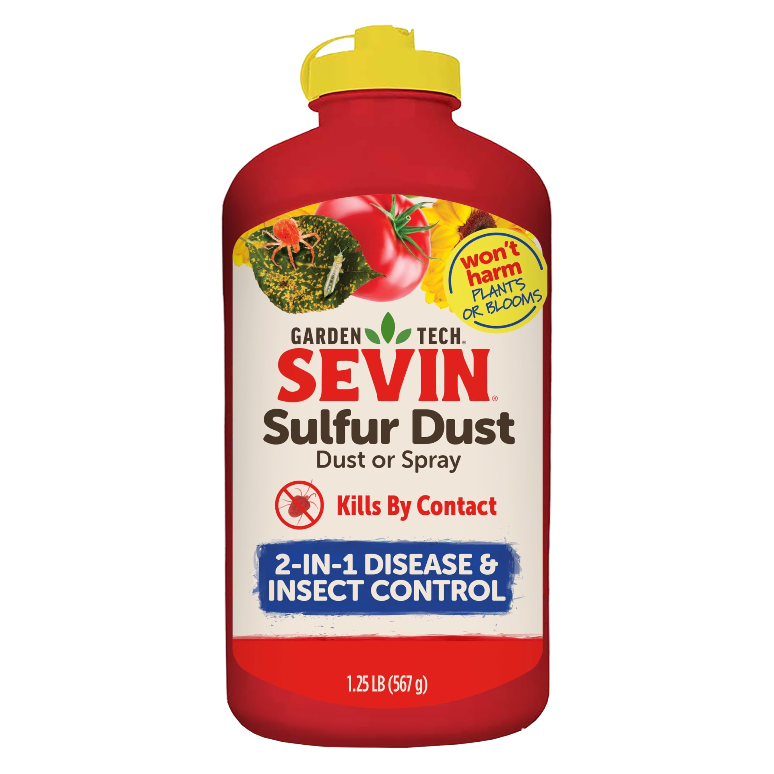 Sevin Sulfur Dust bottle front showing 1.25 lb bag for garden use