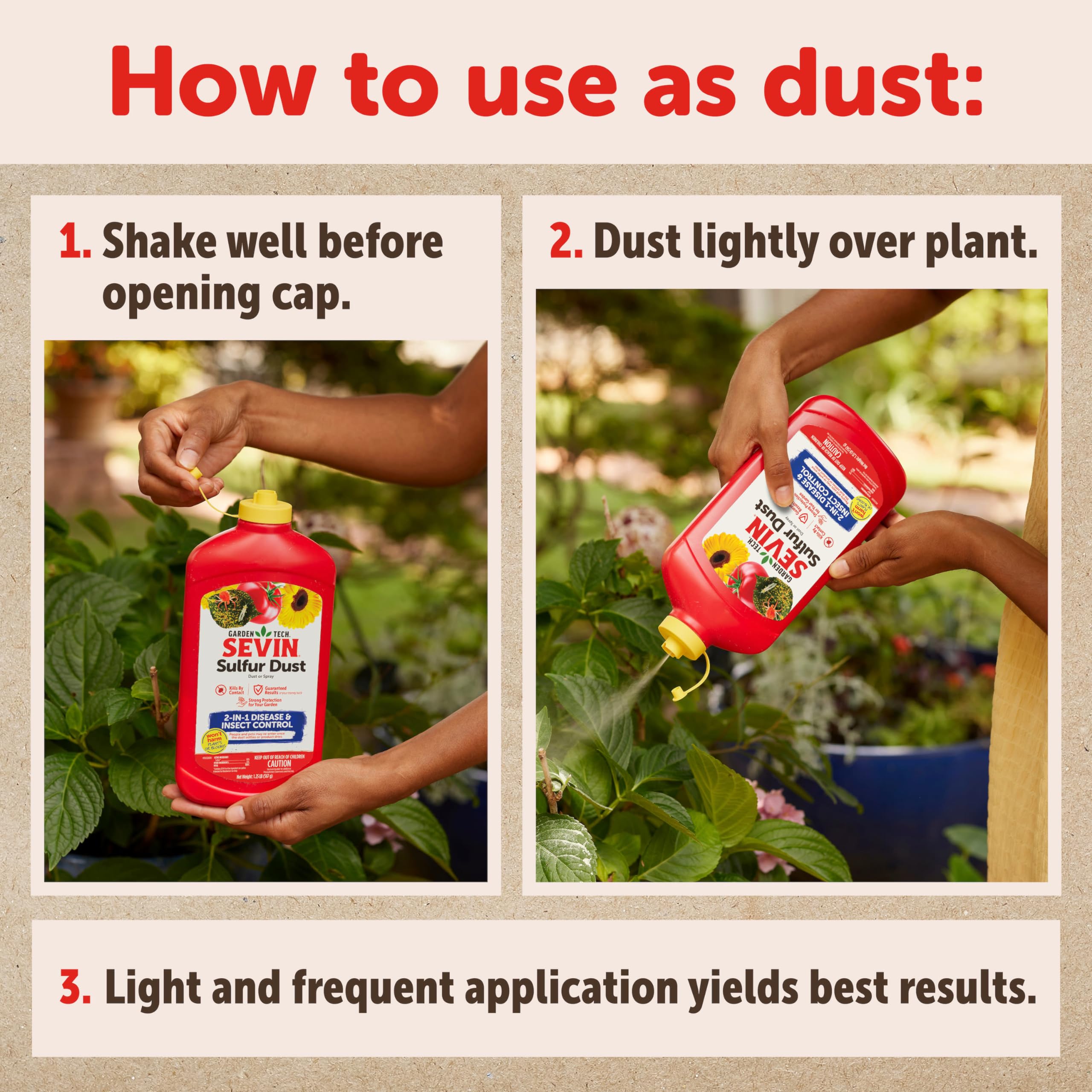 Sevin Sulfur Dust dusting application in garden beds for versatile use