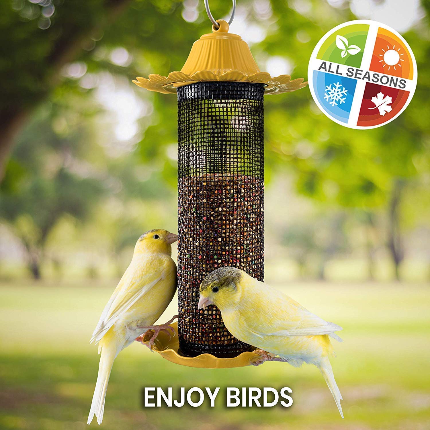 SEWANTA Finch Bird Feeder yellow roof and tray highlight durable, rust-proof construction