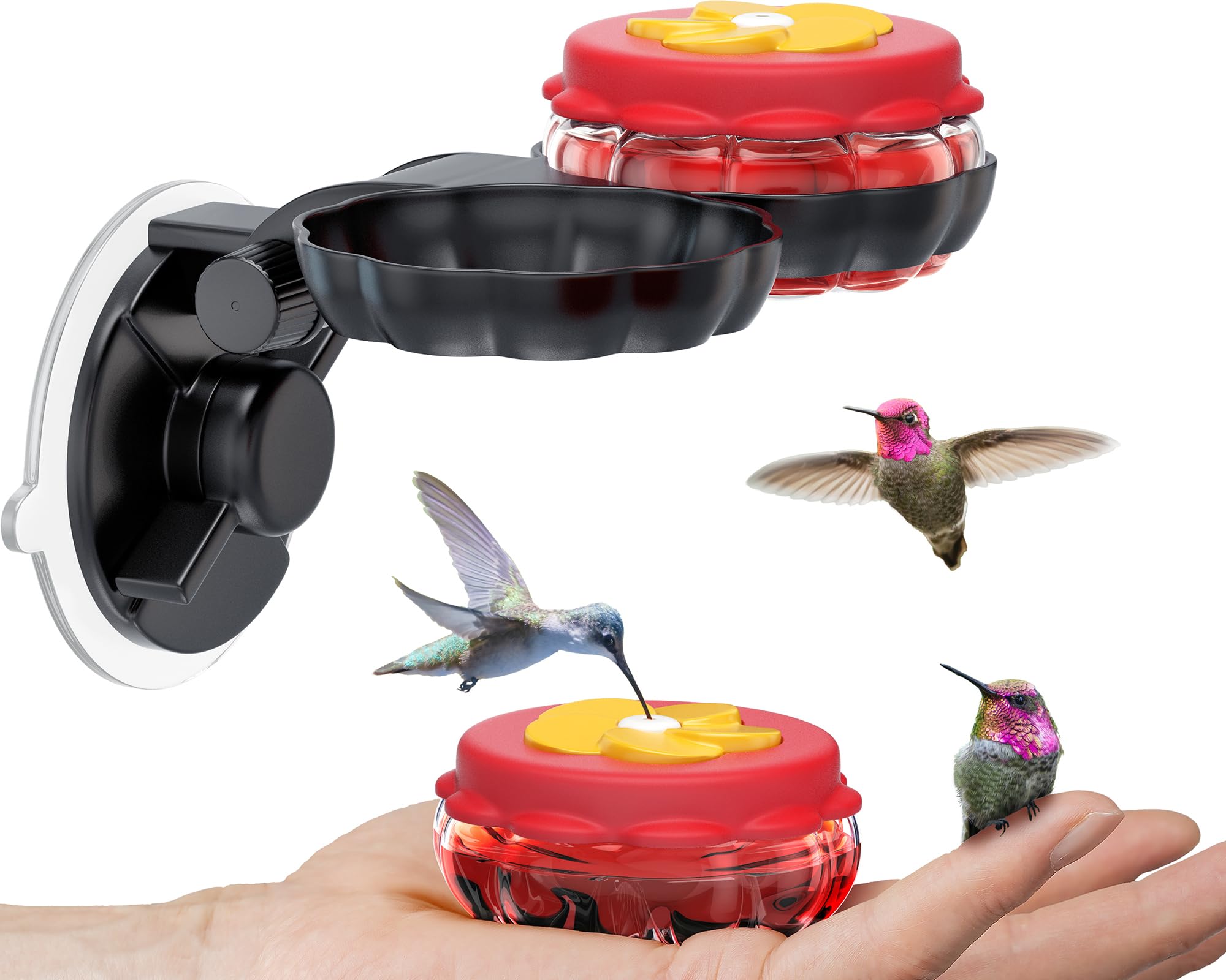 SEWANTA handheld hummingbird feeder with red flower attracts birds for hand feeding.