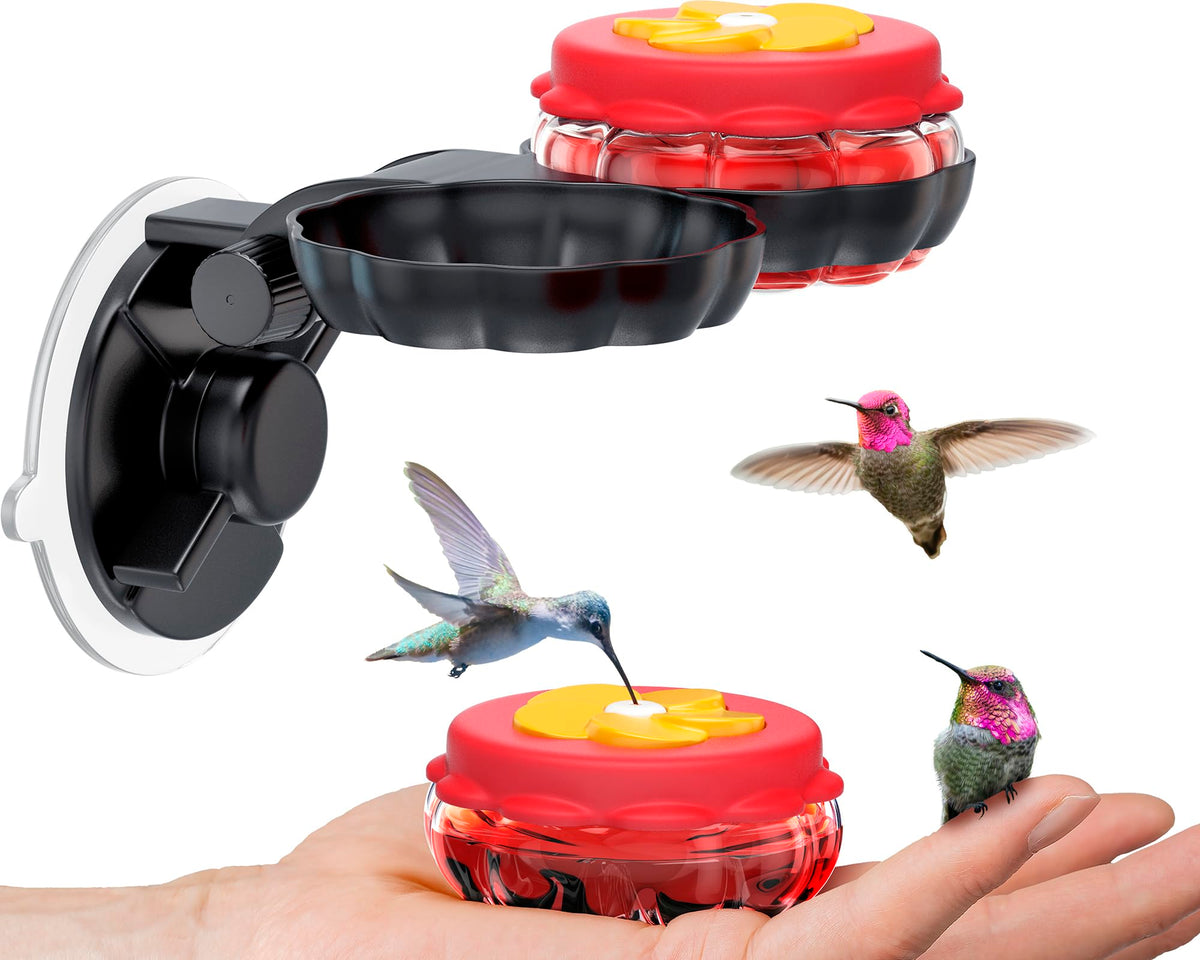 SEWANTA handheld hummingbird feeder with red flower attracts birds for hand feeding.