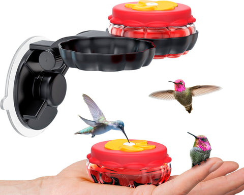 SEWANTA handheld hummingbird feeder with red flower attracts birds for hand feeding.