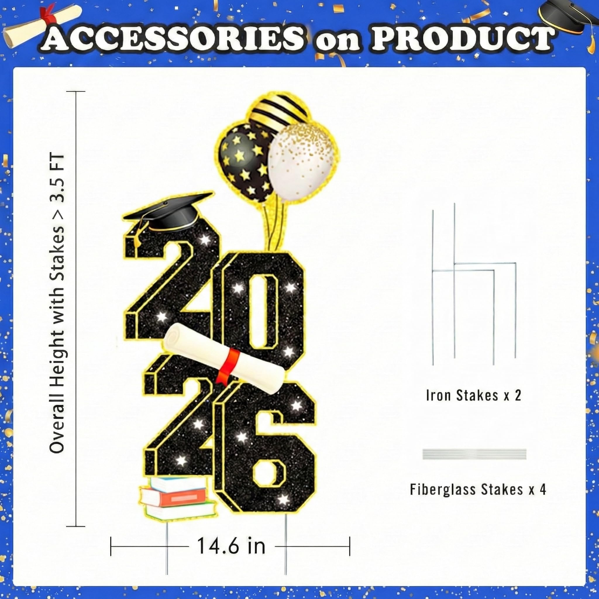 Sewrung 3-5ft graduation yard sign with stakes ensures quick, secure setup.