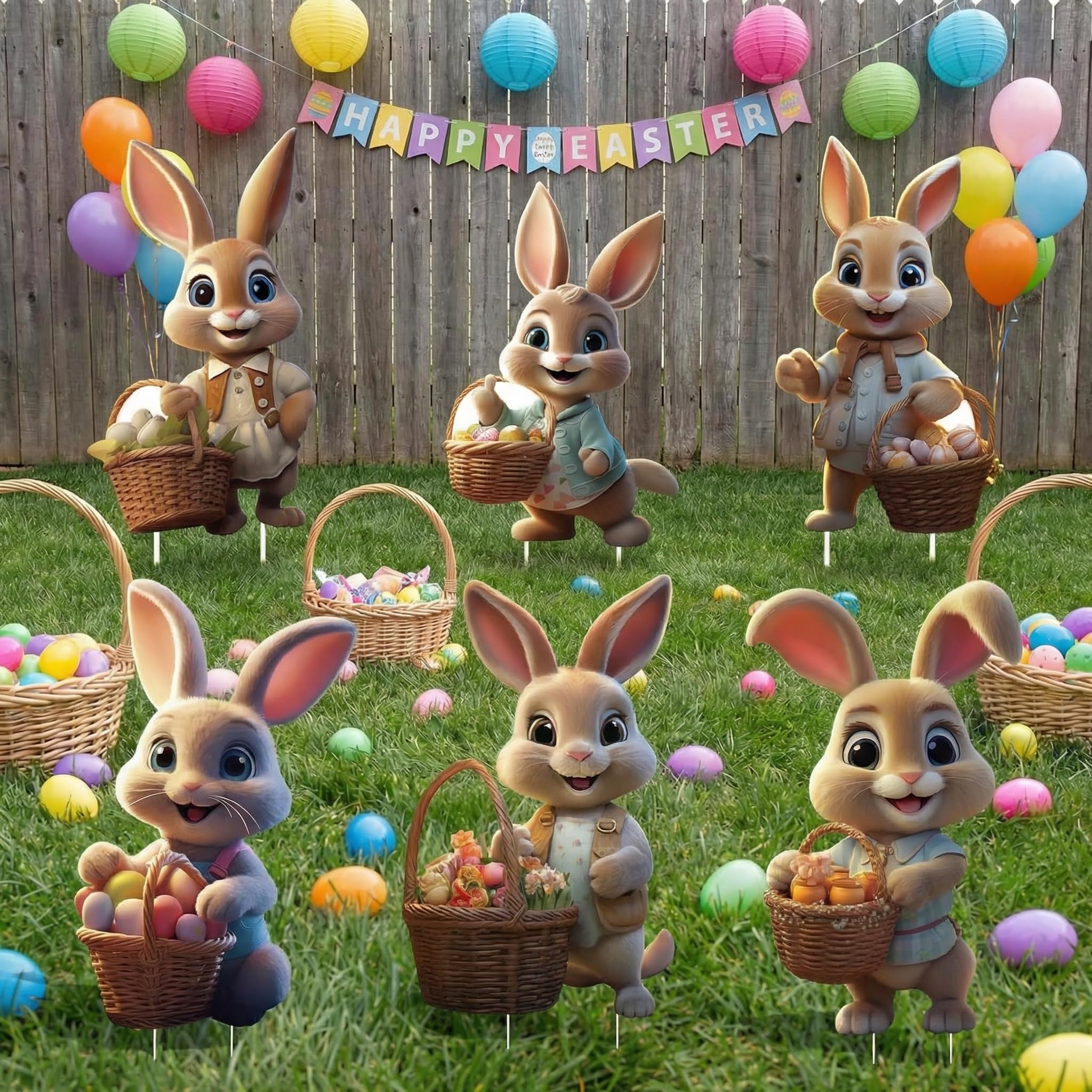 SewRung 6-piece outdoor Easter bunny decorations ready for yard display with stakes.