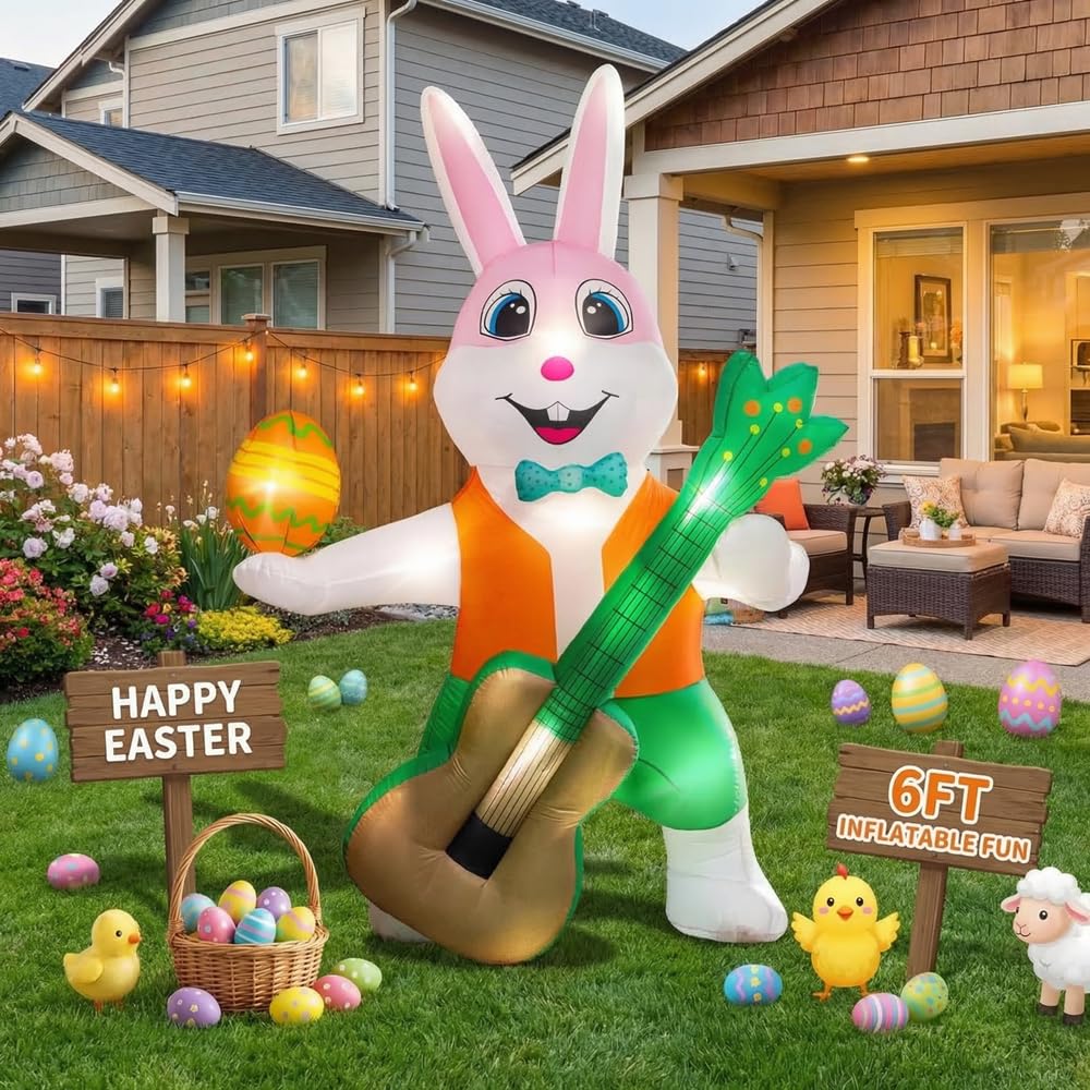 SeWRung 6ft inflatable bunny with eggs glowing at night for outdoor display
