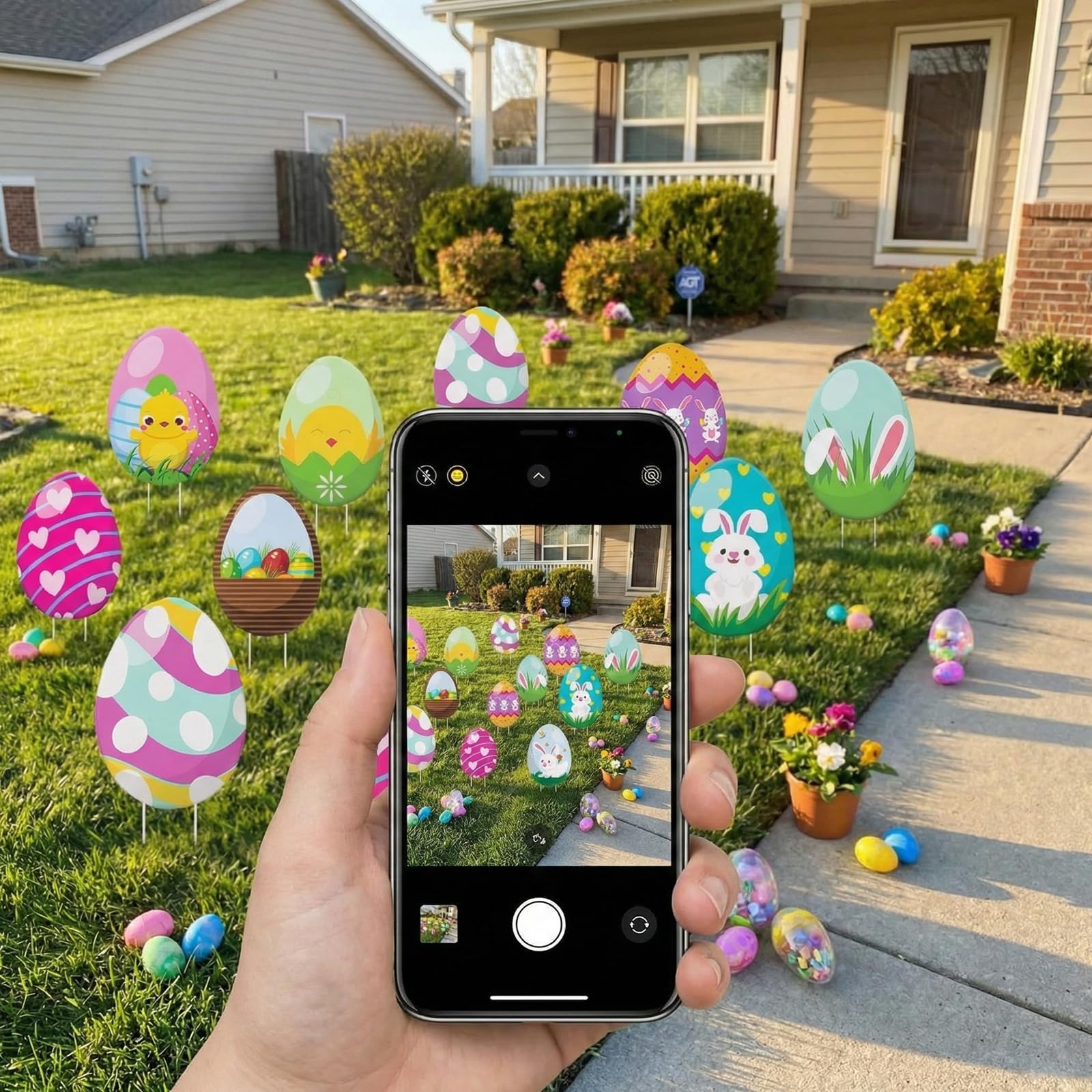 Sewrung bunny and egg stakes decorate outdoor spaces, easy installation.