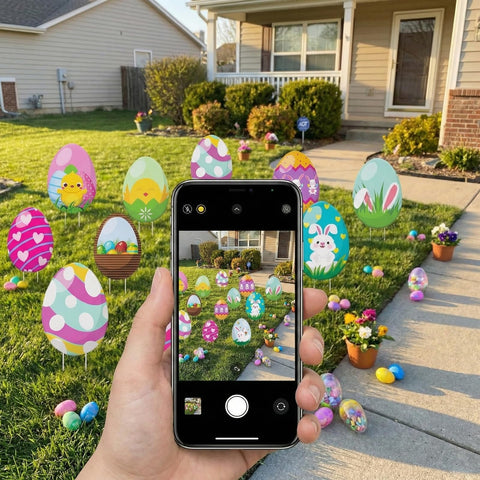 Sewrung bunny and egg stakes decorate outdoor spaces, easy installation.