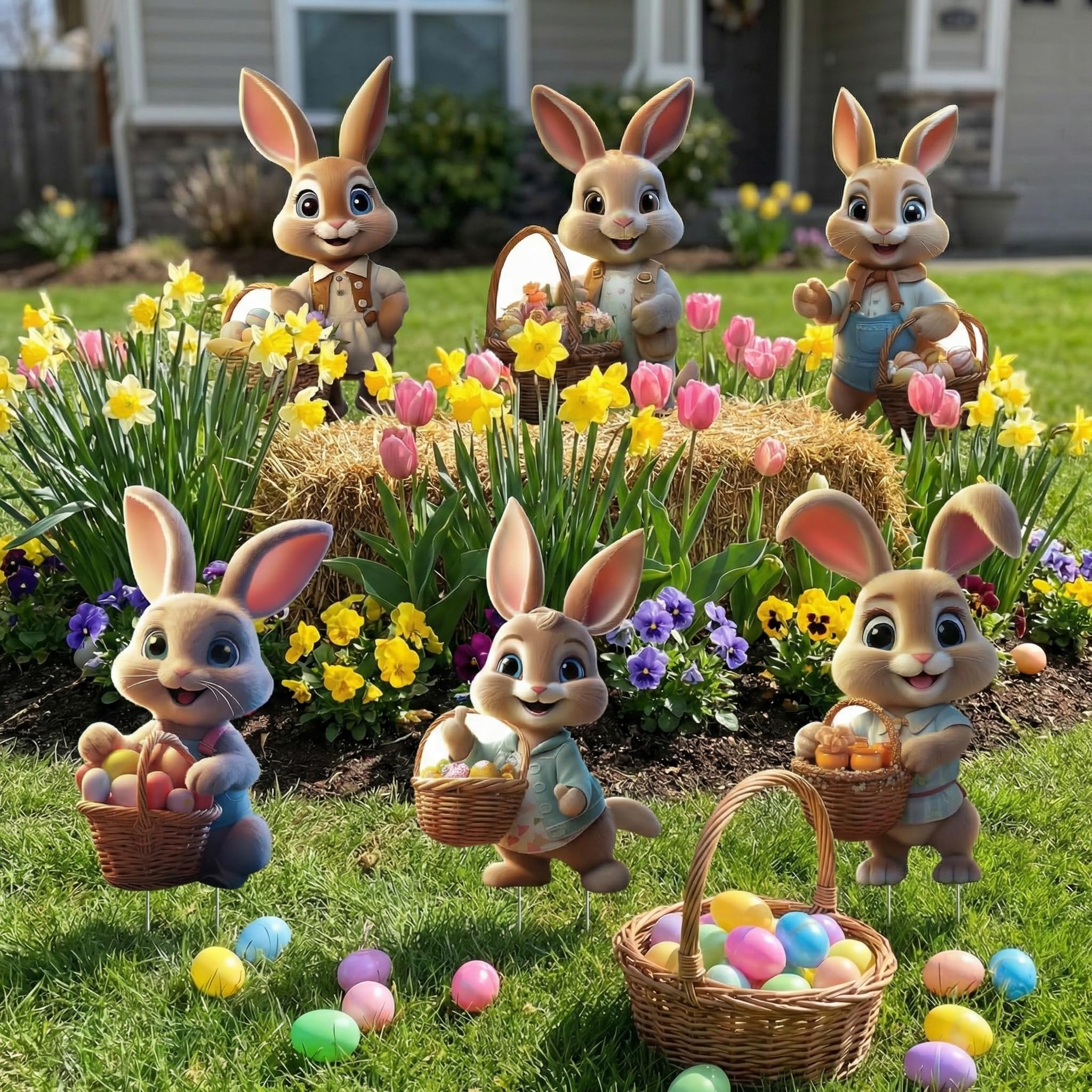SewRung bunny yard signs with stakes shown in a garden setting for springtime charm.