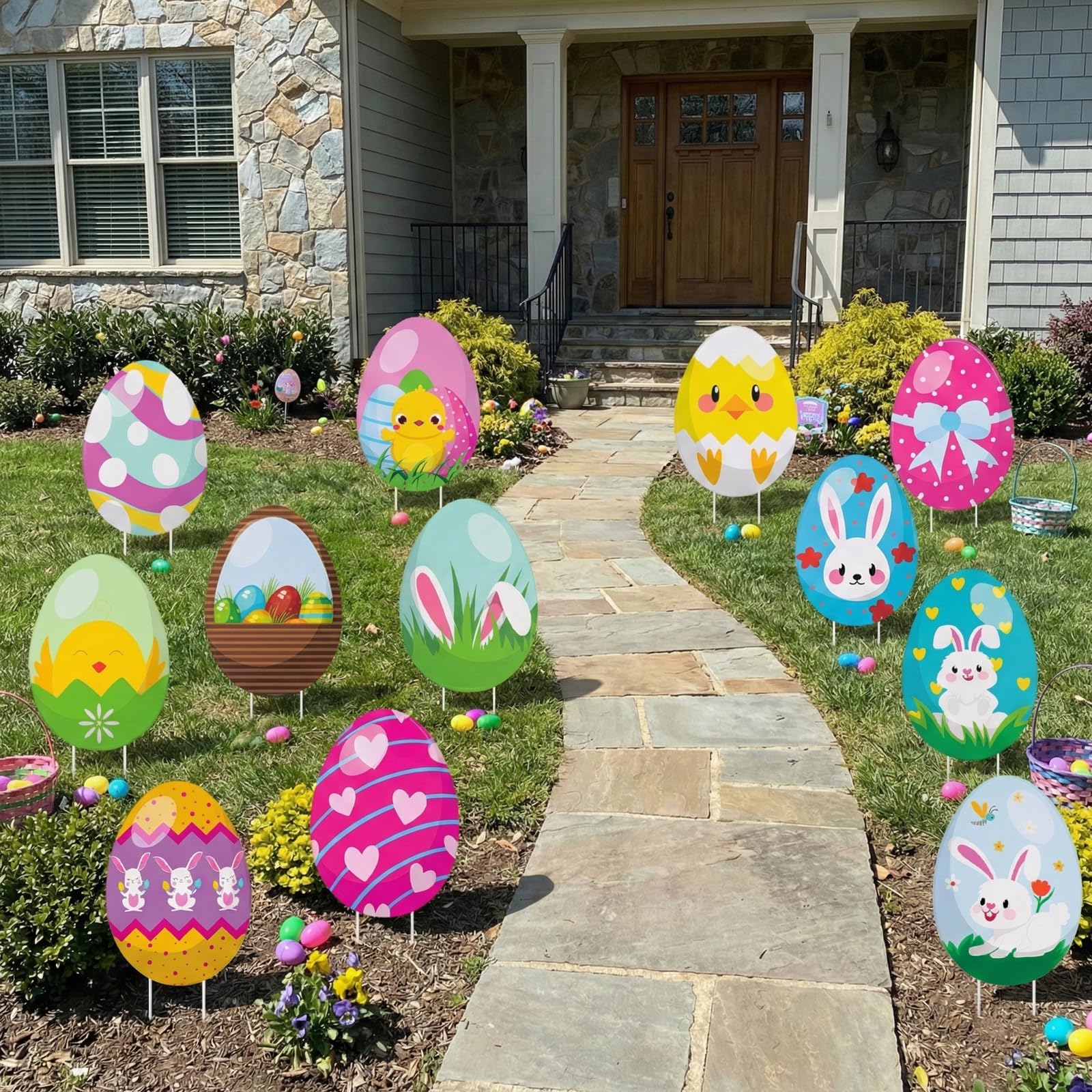 Sewrung 12-piece Easter egg yard signs arranged for a garden path, durable decor.