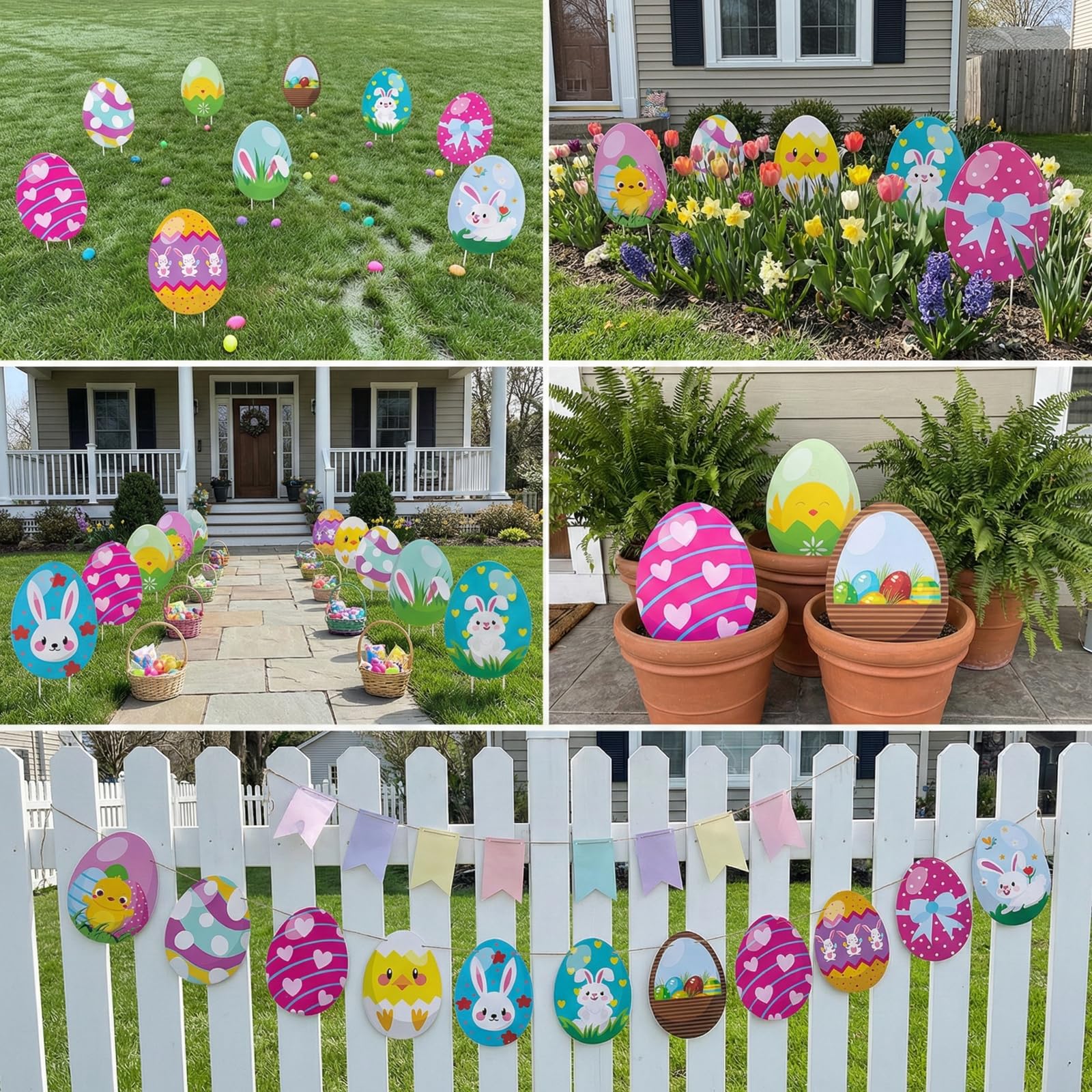 Sewrung yard decor set blends into garden borders and entries.