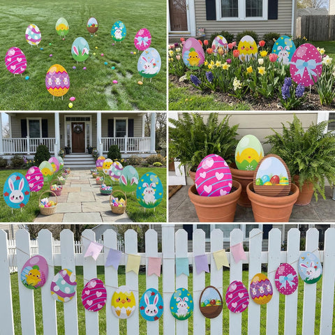 Sewrung yard decor set blends into garden borders and entries.