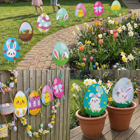 Sewrung Easter signs brighten lawns and walkways with playful color.