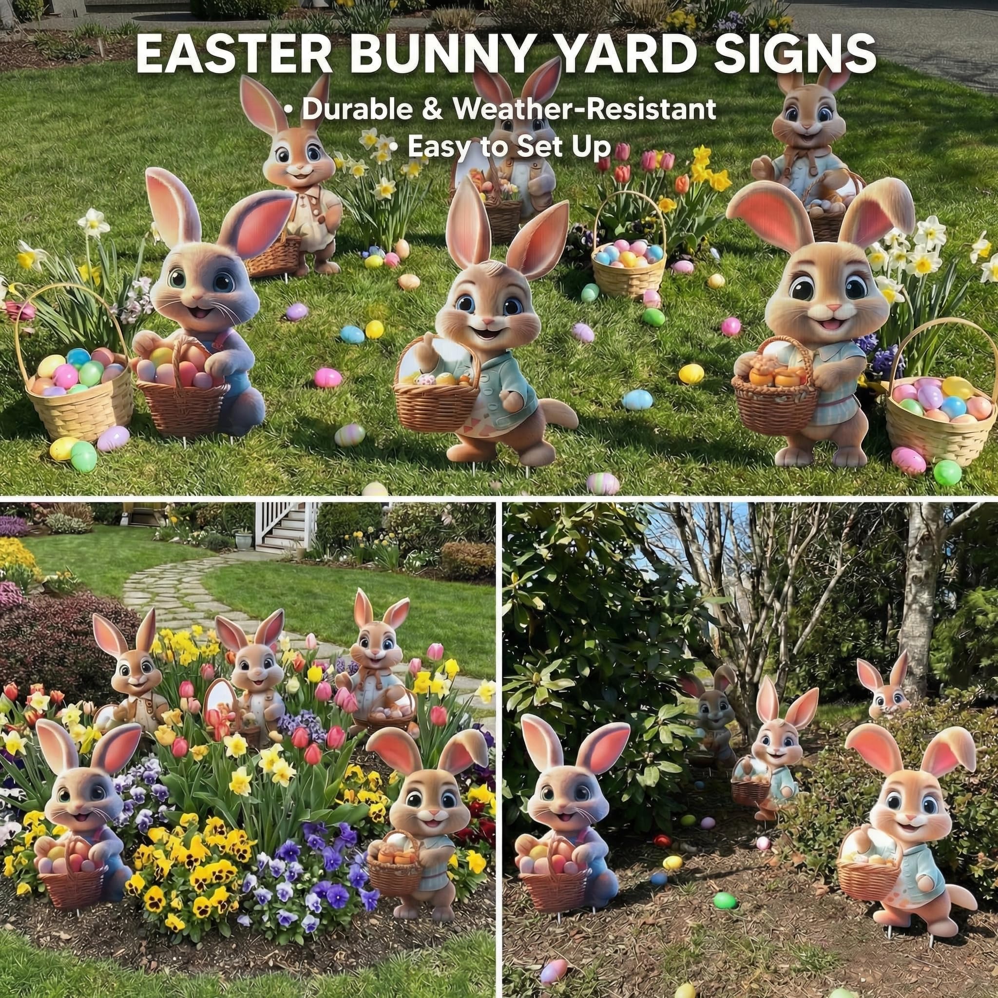 SewRung waterproof lawn signs withstand rain for durable outdoor Easter decor.