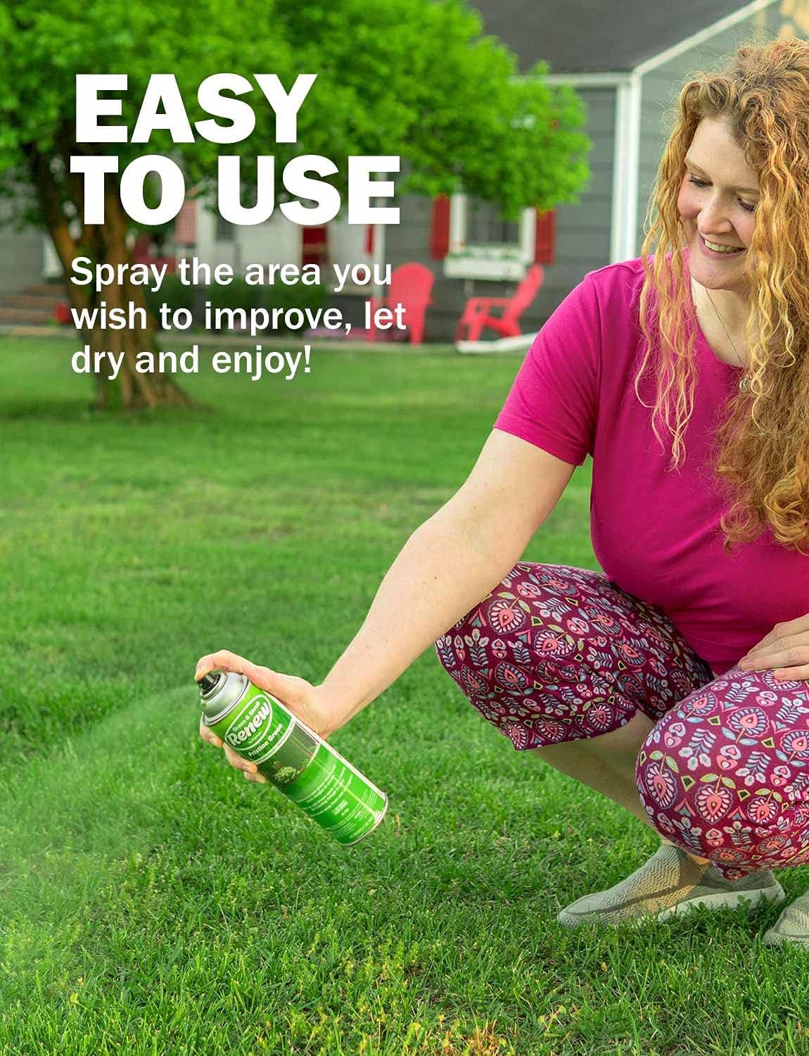 Seymour RENEW brown-spot concealment hides lawn damage with Pristine Green.