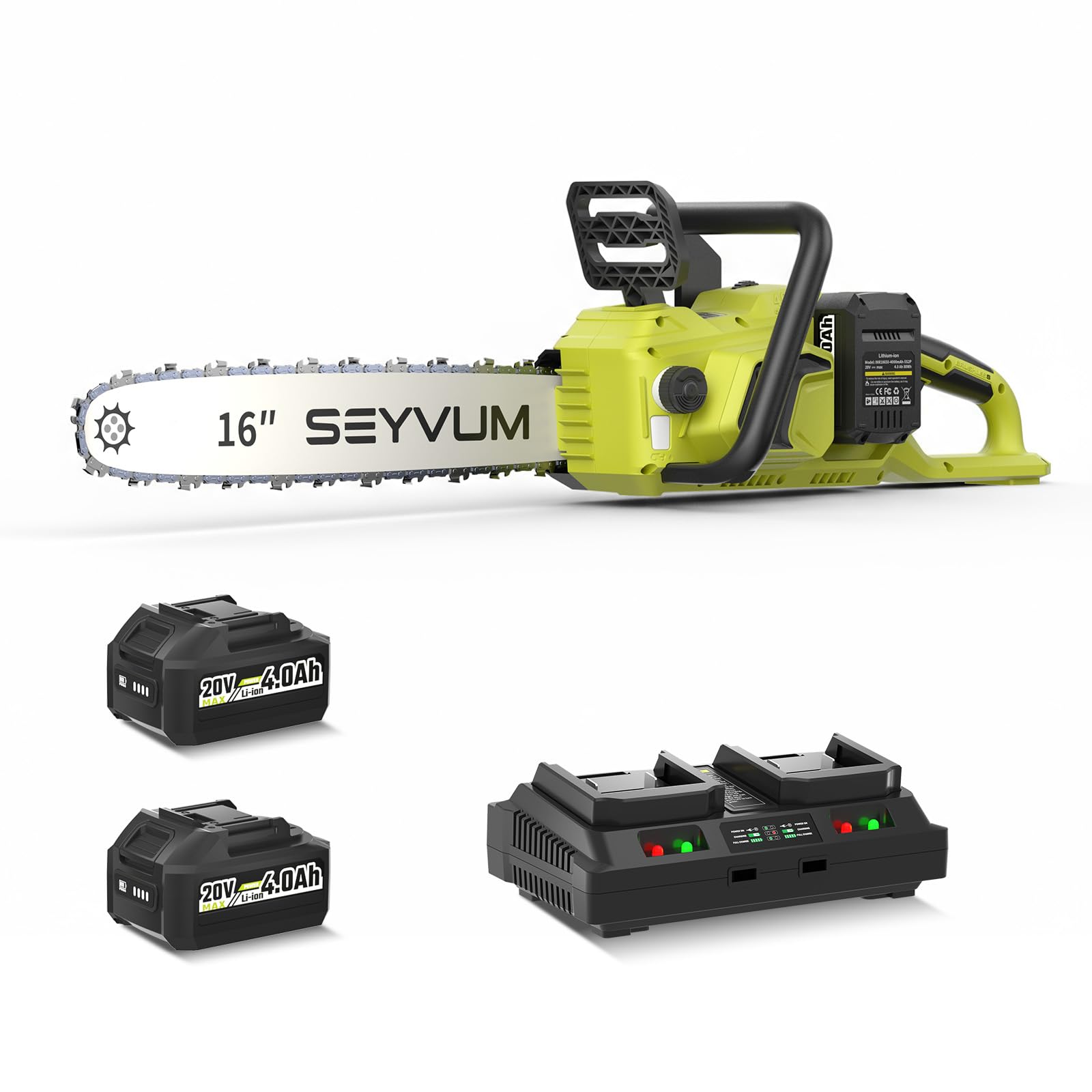 SEYVUM cordless 40V chainsaw in use, efficient cutting for firewood and log felling.