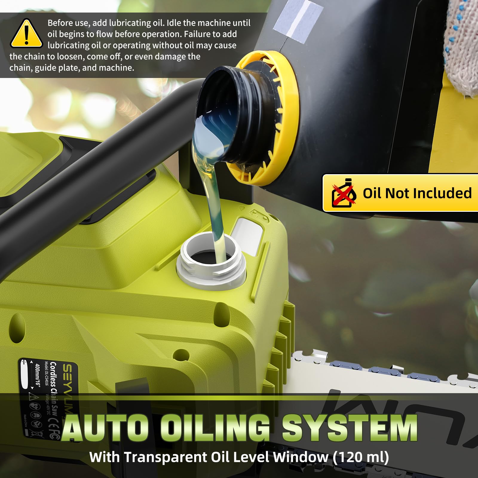 Safety features with dual activation and instant-stop brake shown.