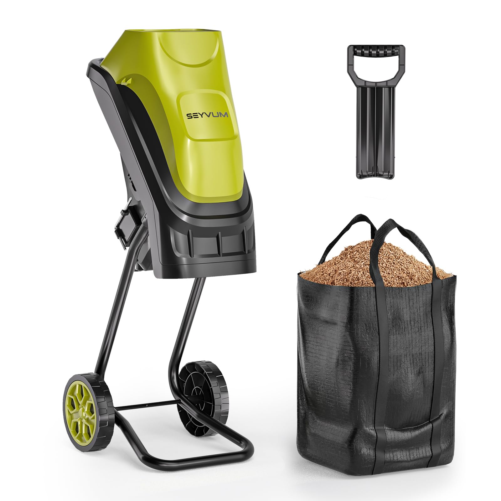 SEYVUM wood chipper front view showing compact, portable form for yard cleanup
