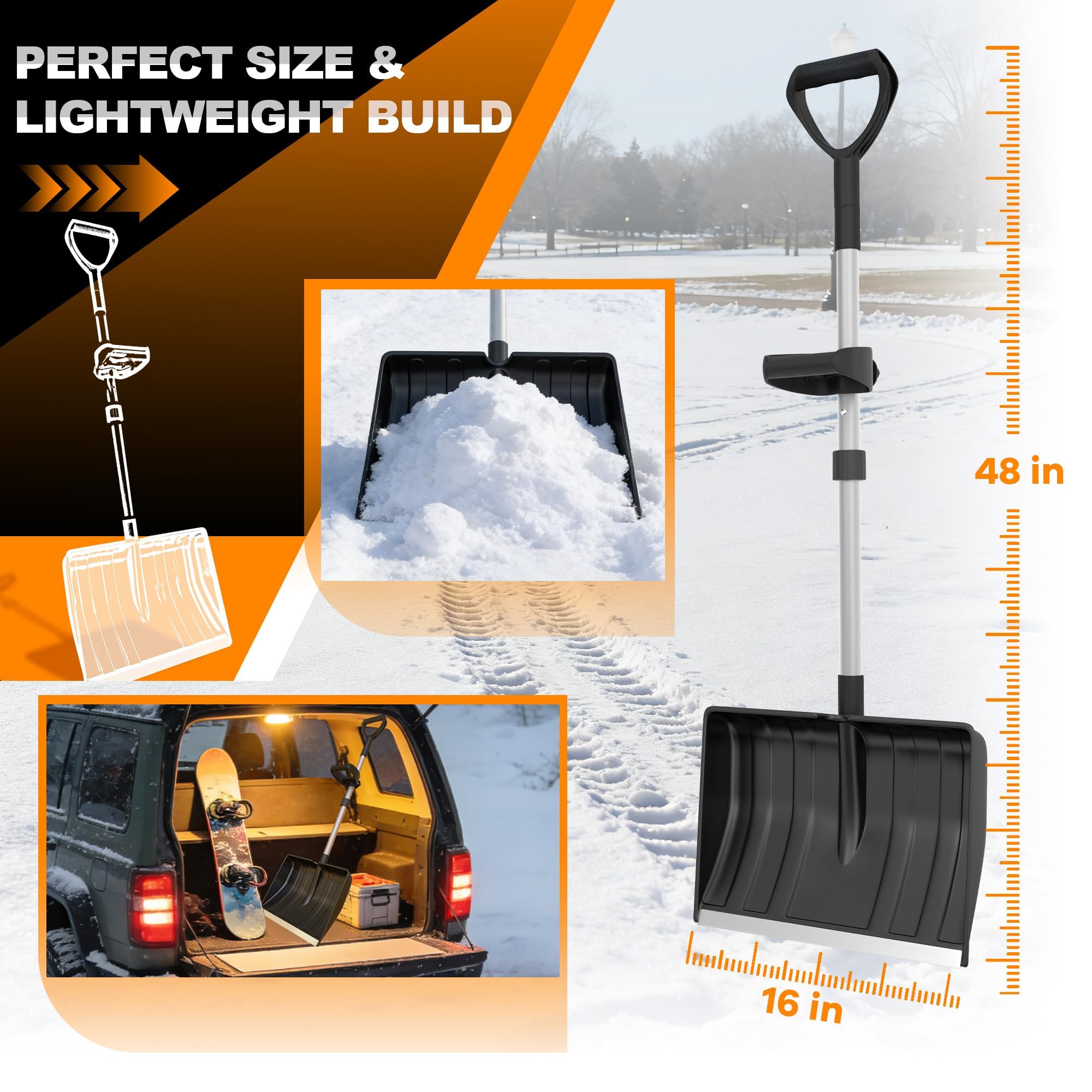 SFAED snow shovel features a 16-inch wide plastic scoop for quick removal