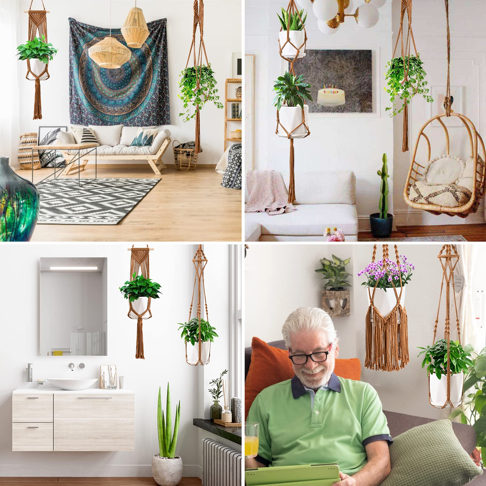 SFENNGPET Macrame Hangers easy installation shown with step-ready strings