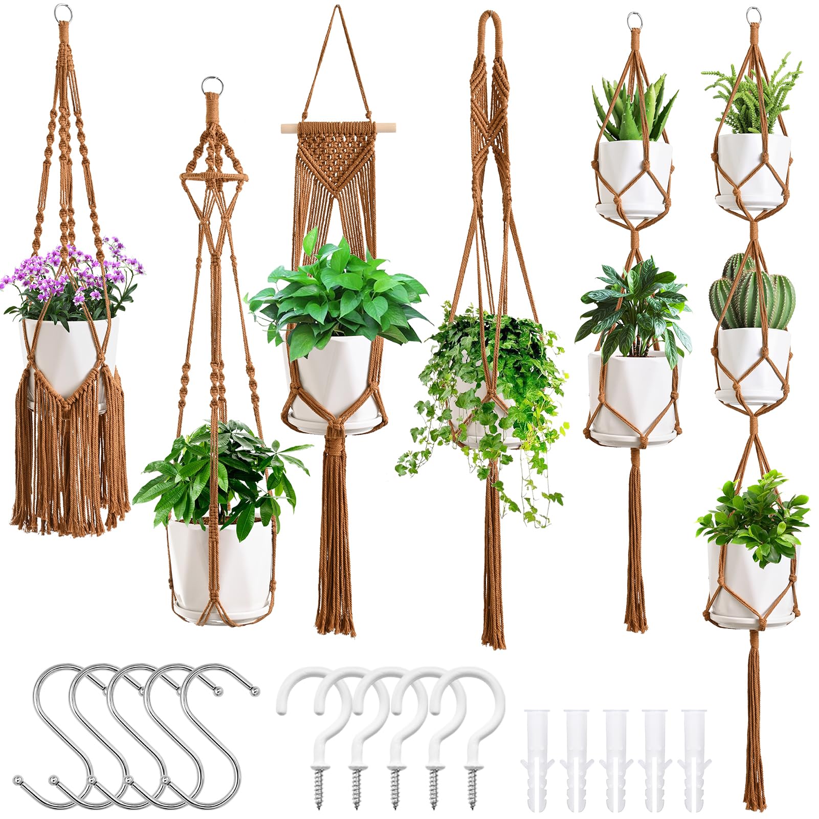SFENNGPET Macrame Hangers Six-Pack displayed for ceiling installation in stylish indoor decor