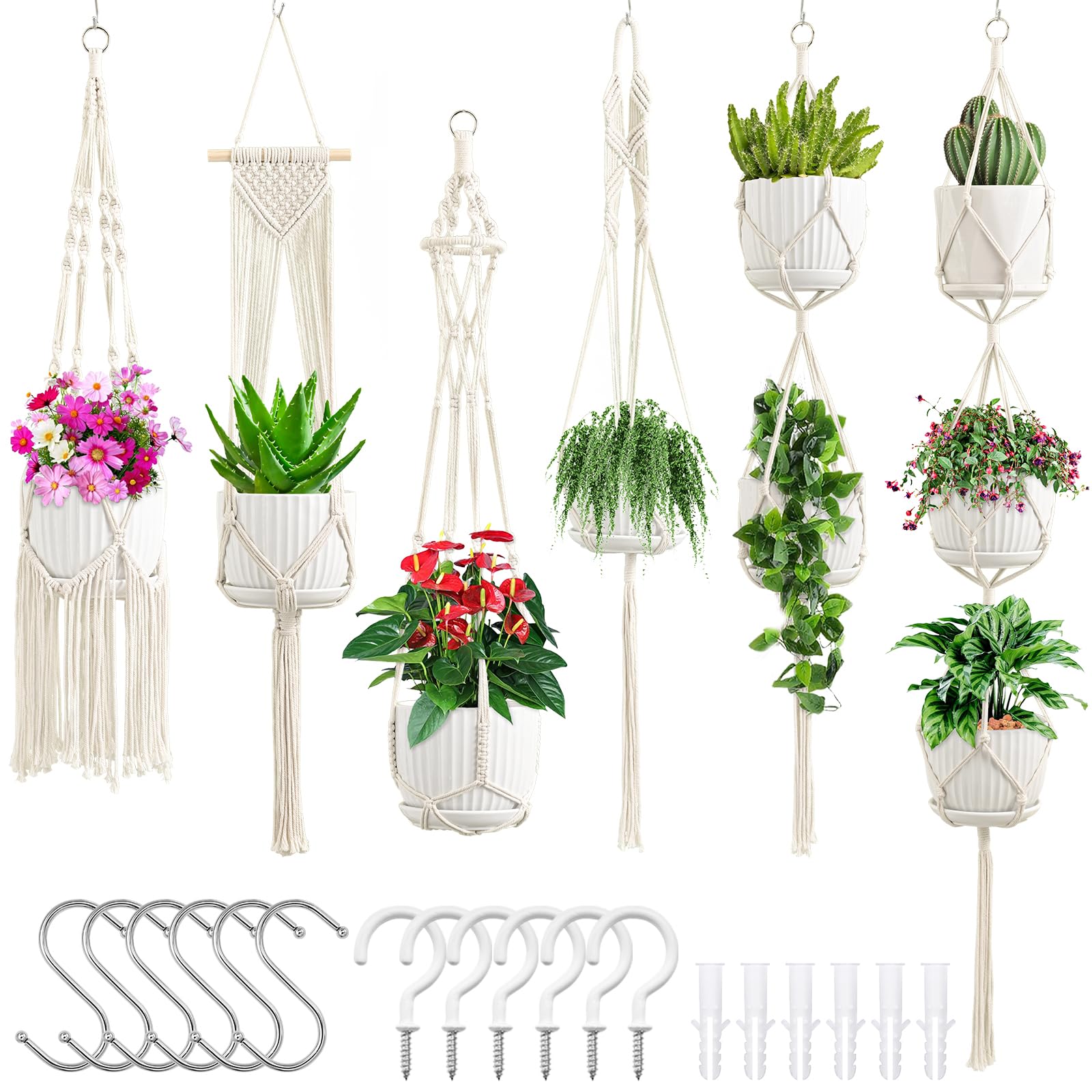 SFENNGPET macrame plant hanger 6-pack on wall demonstrating varied sizes for flexible indoor setup.