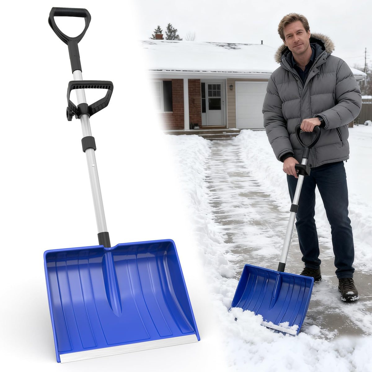 SFTPO snow shovel with 48inch wide blade for quick snow clearing.