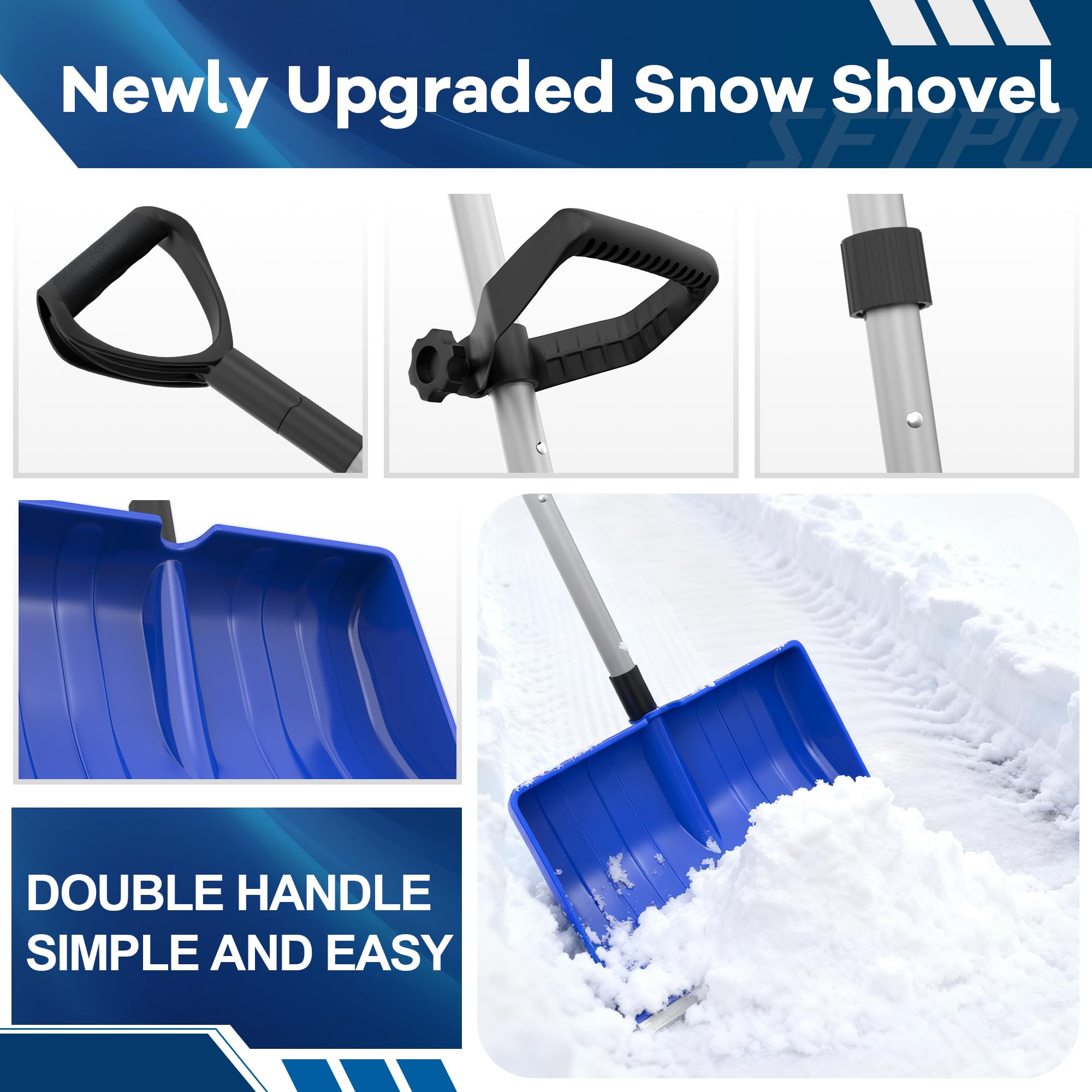 SFTPO snow shovel shows ergonomic dual handles for reduced strain.