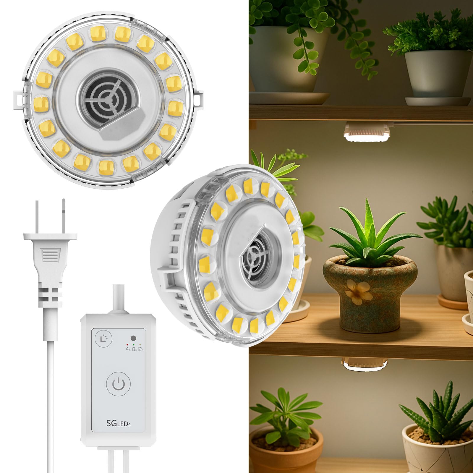 SGLEDs plant-light puck dual-head mounted on a shelf for compact indoor growing