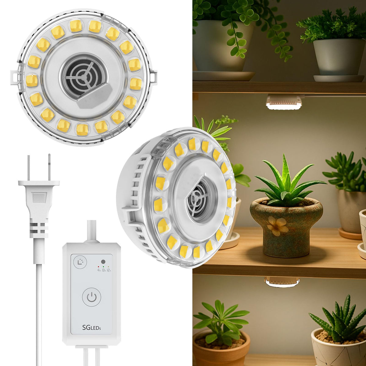 SGLEDs plant-light puck dual-head mounted on a shelf for compact indoor growing
