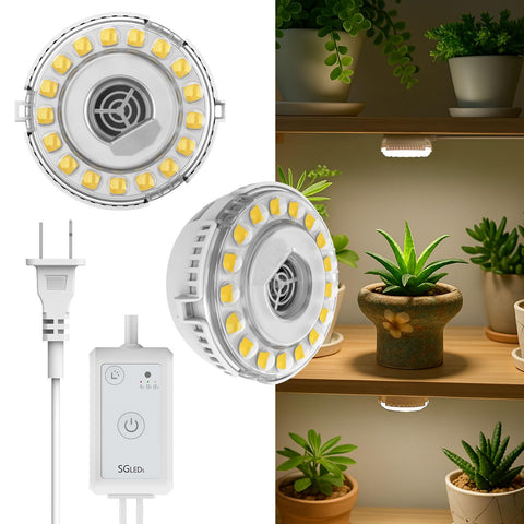 SGLEDs plant-light puck dual-head mounted on a shelf for compact indoor growing