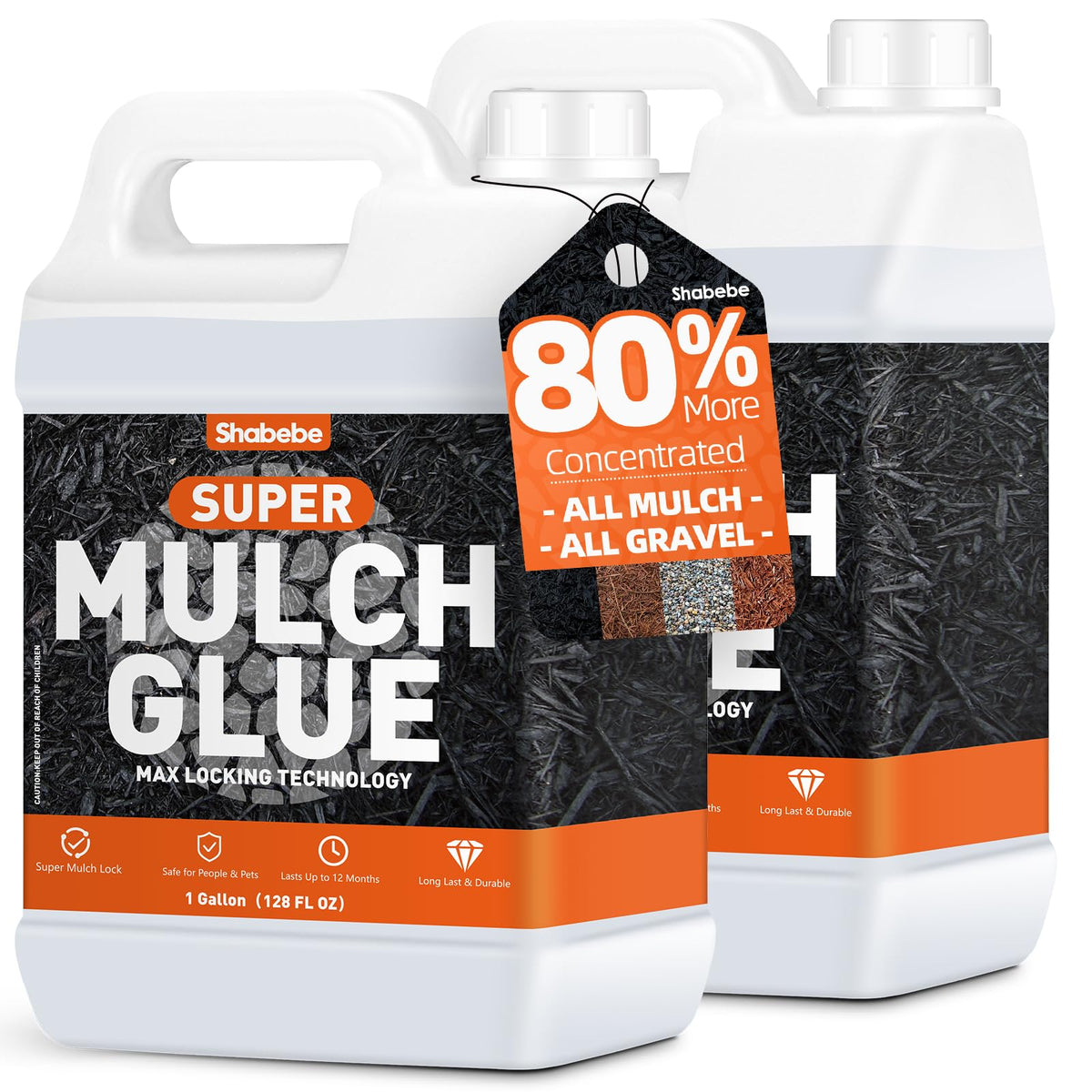 Shabebe Mulch Glue 2 Gal bottle closeup shows fast-dry action for landscaping