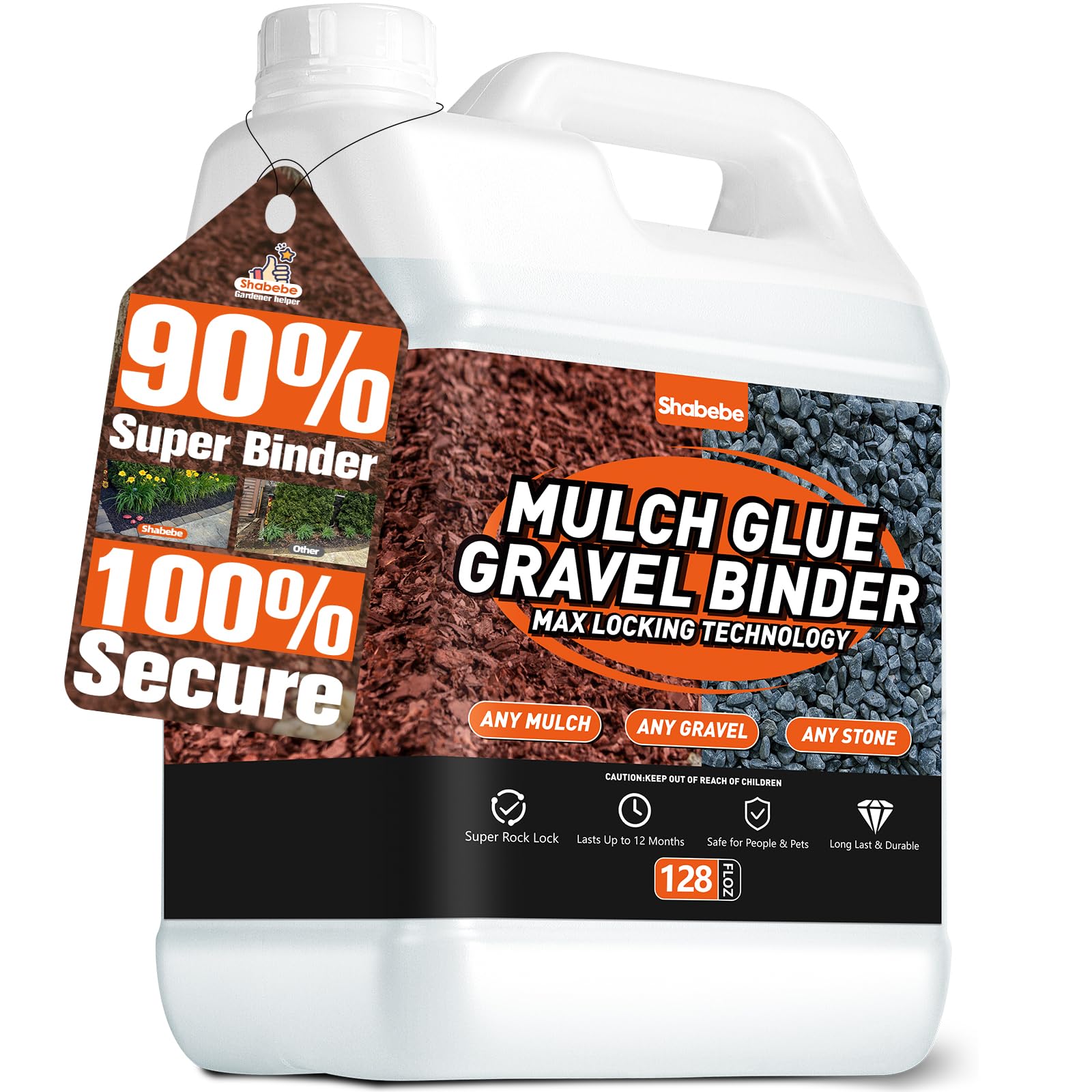 Shabebe Mulch Glue bottle-dispense enables fast spray for secure mulch placement.