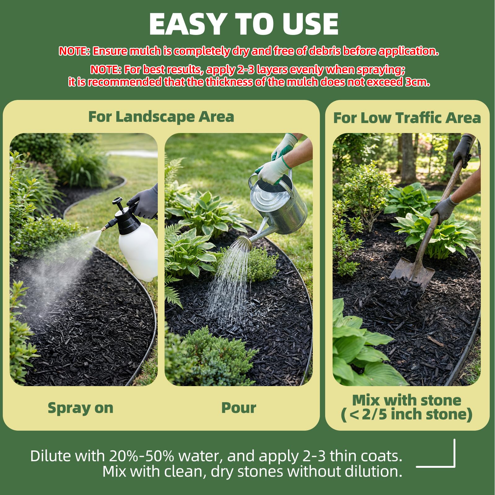 Shabebe Mulch Glue 2 gallon coverage image illustrates 2x area efficiency