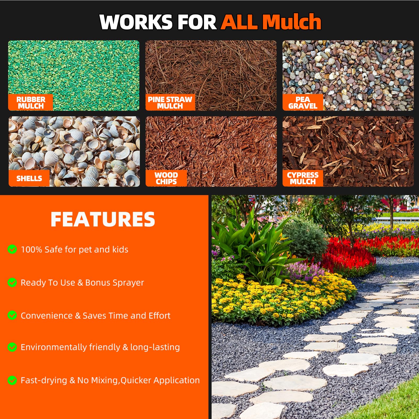Shabebe Mulch Glue on Rocks keeps decorative stones in place against wind.