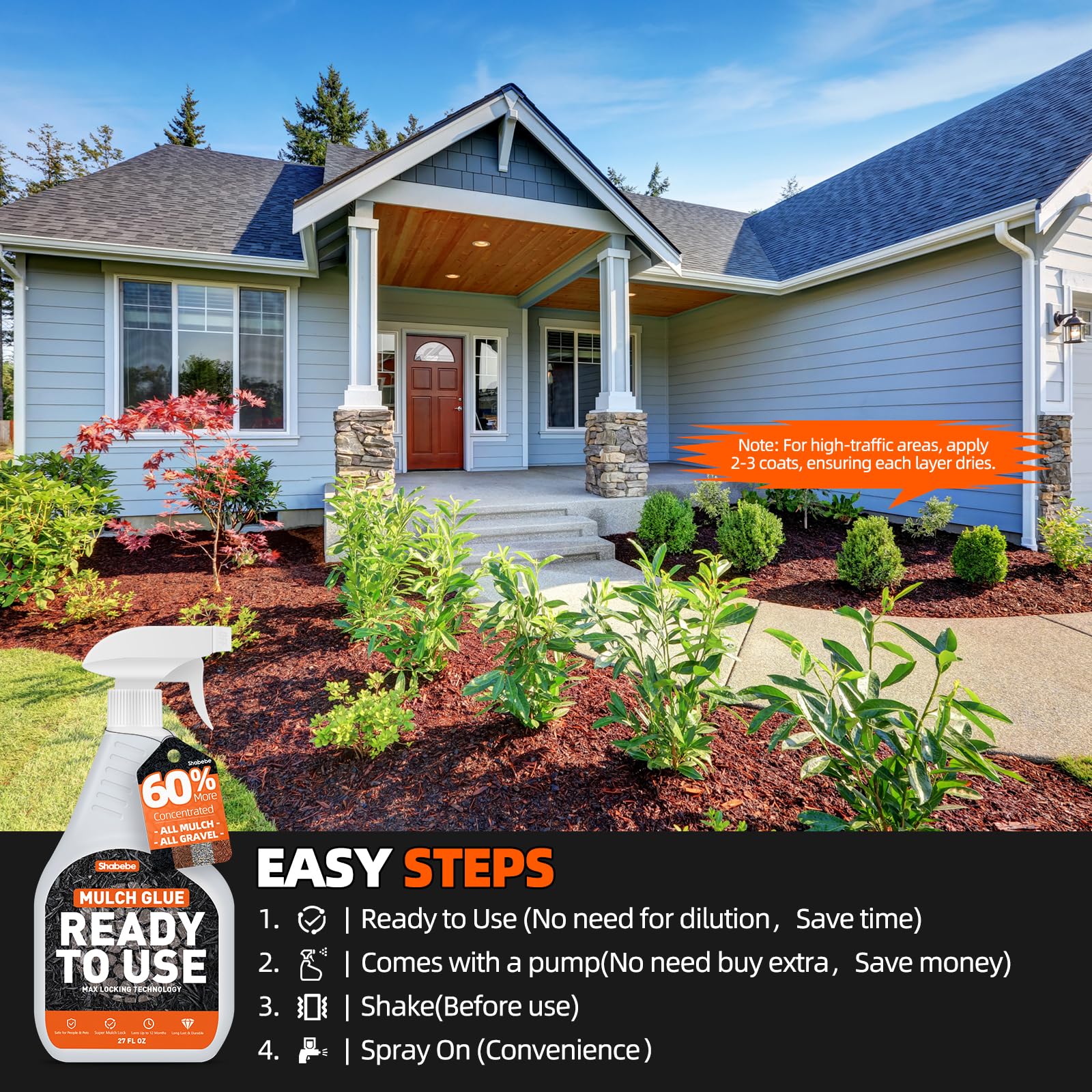 Shabebe Mulch Glue Pine Straw Stabilizer helps prevent displacement on slopes.