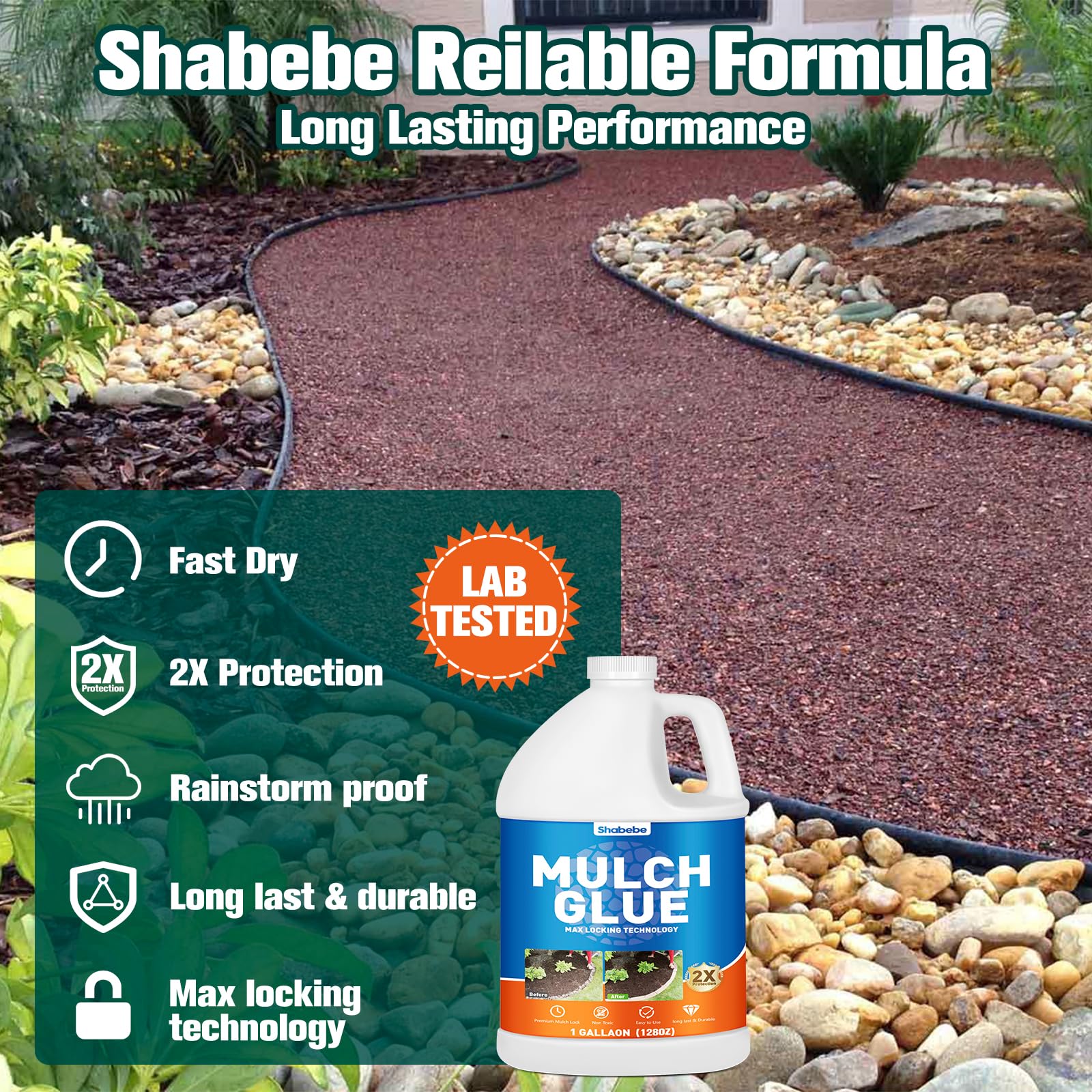 Close-up of Shabebe Mulch Glue on rocks to prevent displacement
