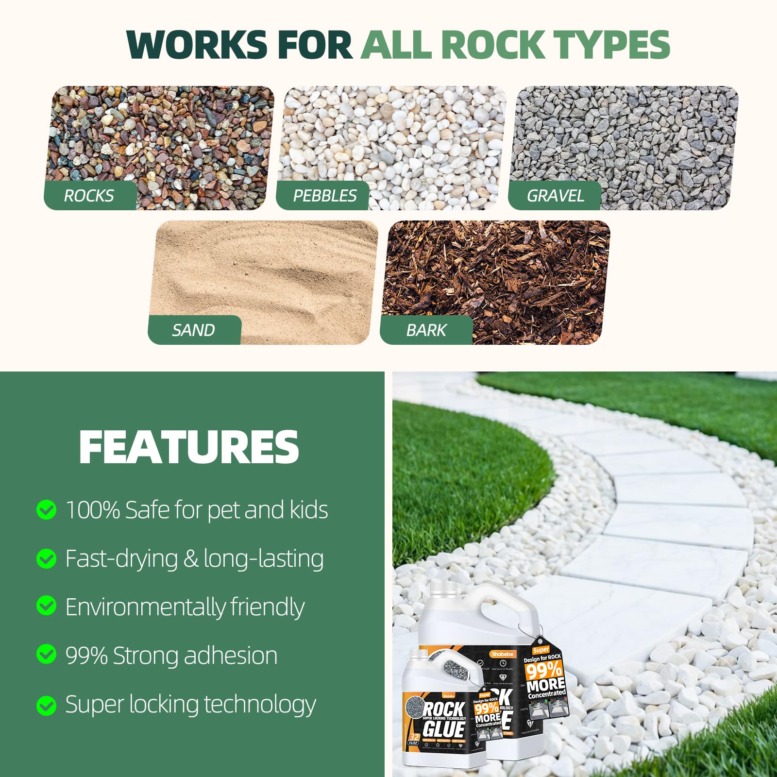 Shabebe Mulch Glue strong adhesion for pea gravel and mulch layers.