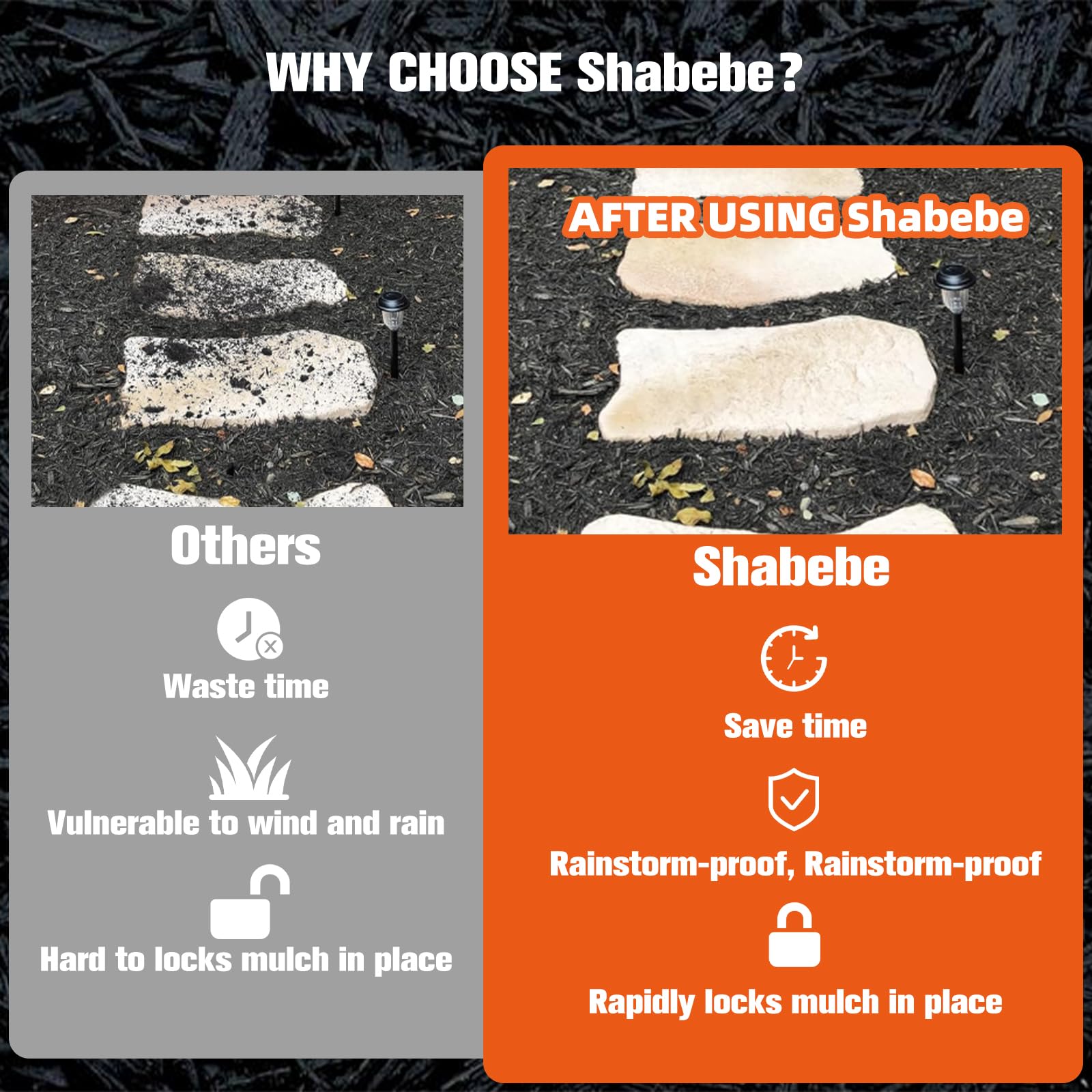 Shabebe Mulch Glue weather-resistant bond for outdoor landscapes.