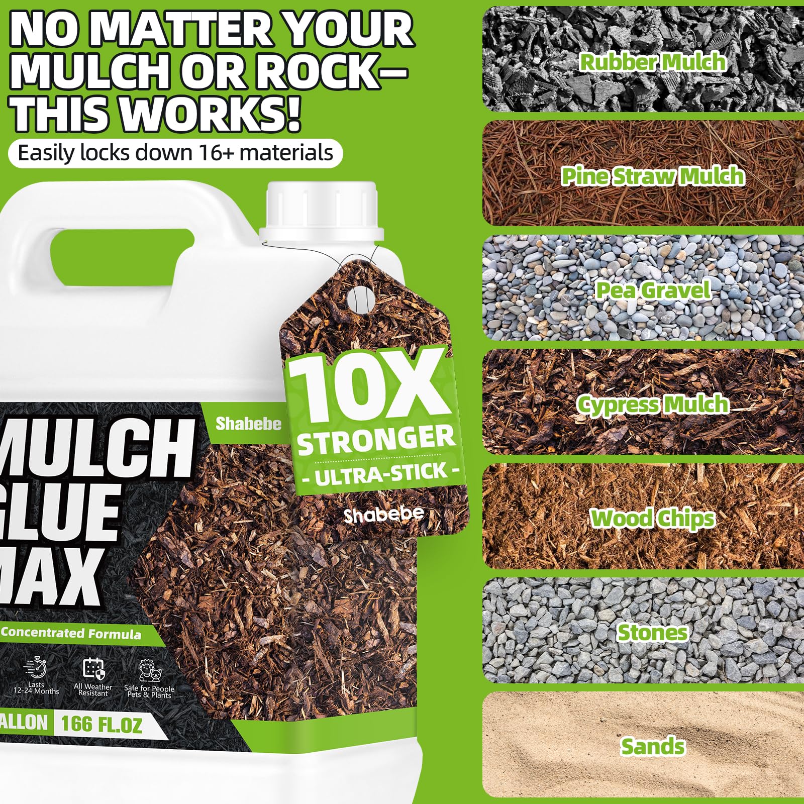 Shabebe Rock & Mulch Glue works with pine straw, wood chips, and Cypress mulch.