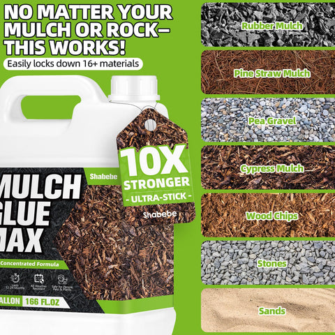 Shabebe Rock & Mulch Glue works with pine straw, wood chips, and Cypress mulch.