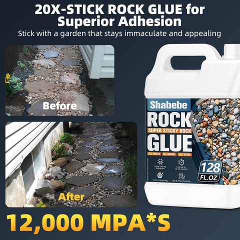 Shabebe Rock Glue blue-tinted spray line on gravel for visible coverage.