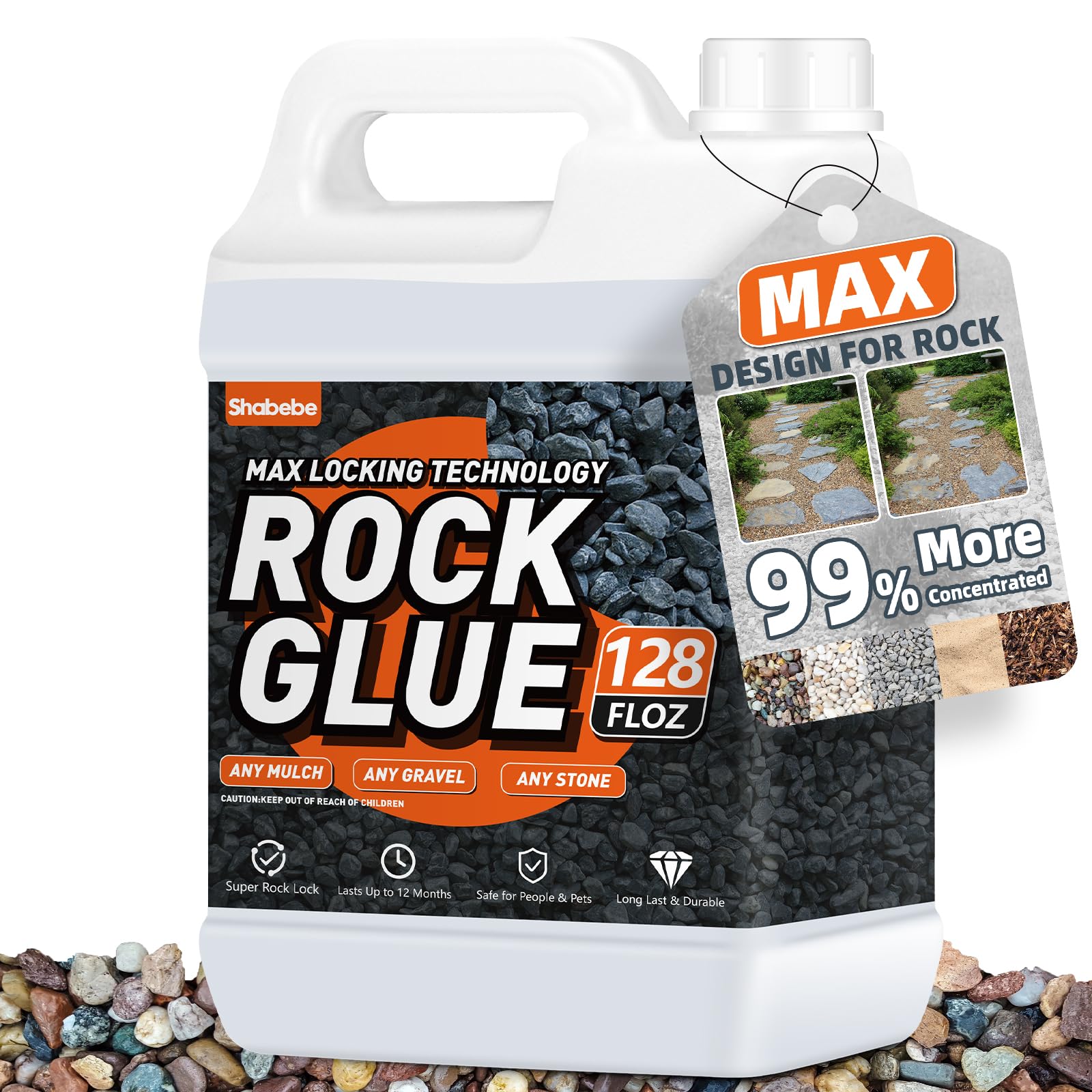 Shabebe Rock Glue bottle close-up shows sturdy bond for pea gravel paths.